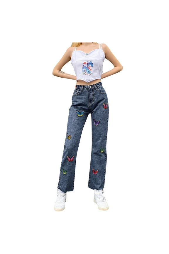 Womens Jeans Sweet Cute Style High Waisted Slim Fit Jeans Butterfly Embroidery Straight Leg Denim Pants With Pockets