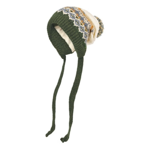 Bibifish Womens Knit Beanie Winter Jacquard Knit Tie Strap Outdoor Ear Flap Casual Caps