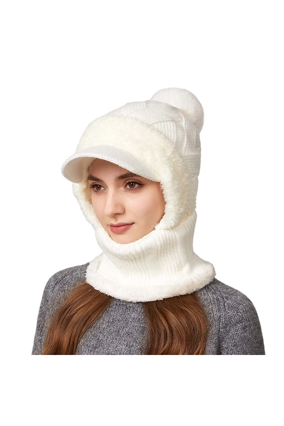 Womens Knit Brim Beanie Hat With Fleece Lined Ear Flaps Pom Pom Top Warm Cozy Stretchy Hat One Piece Winter Cozy Hats For Outdoor Cycling