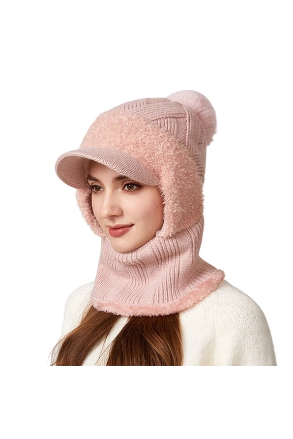 Womens Knit Brim Beanie Hat With Fleece Lined Ear Flaps Pom Pom Top Warm Cozy Stretchy Hat One Piece Winter Cozy Hats For Outdoor Cycling