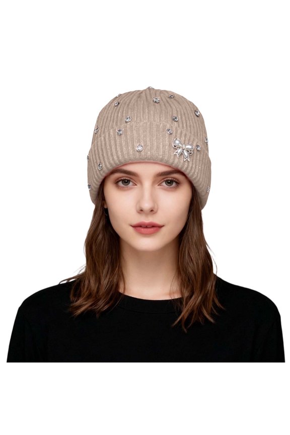 Womens Knit Beanie Hat With Rhinestone & Bow Decoration Shiny Stretchy Soft Beanie Midweight Breathable Fall Daily Wear Stylish Trendy Hats