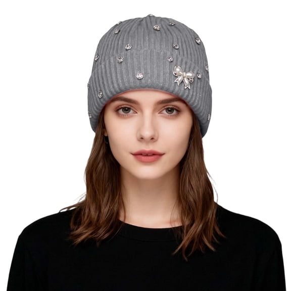 Bibifish Womens Knit Beanie Hat With Rhinestone & Bow Decoration Shiny Stretchy Soft Beanie Midweight Breathable Fall Daily Wear Stylish Trendy Hats