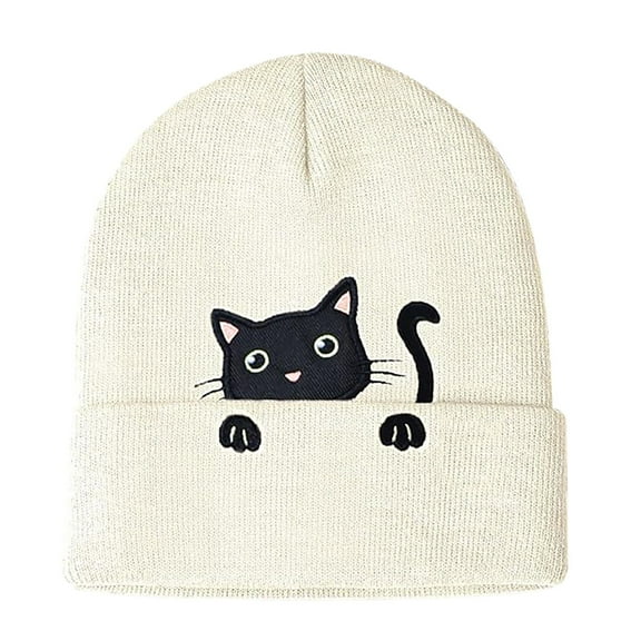 Bibifish Womens Knit Cuffed Beanie Hat With Black Cat Embroidery Stretchy Soft Lightweight Hat Daily Casual Outings Cute Stylish Hats