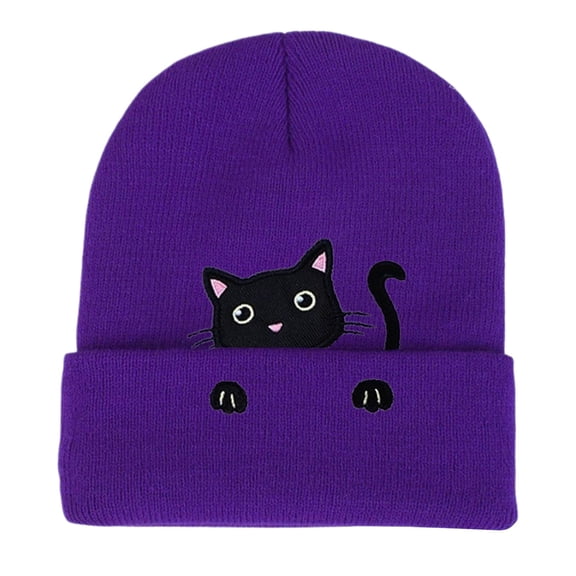 Bibifish Womens Knit Cuffed Beanie Hat With Black Cat Embroidery Stretchy Soft Lightweight Hat Daily Casual Outings Cute Trendy Hats