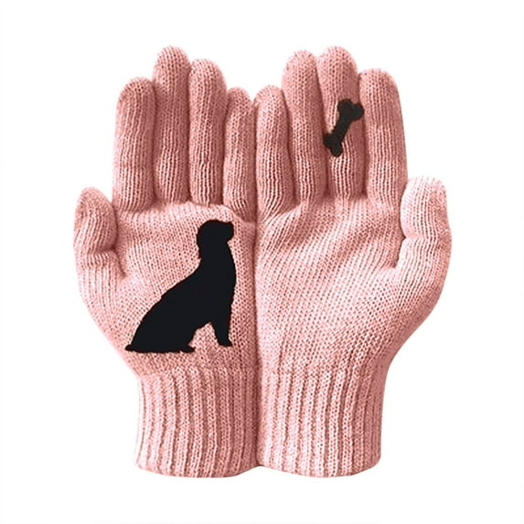 Bibifish Womens Knitted Gloves Trendy Dog Pattern Gloves Black Solid Color Comfy Soft Knitted Daily Wear Outdoor Activities Gloves