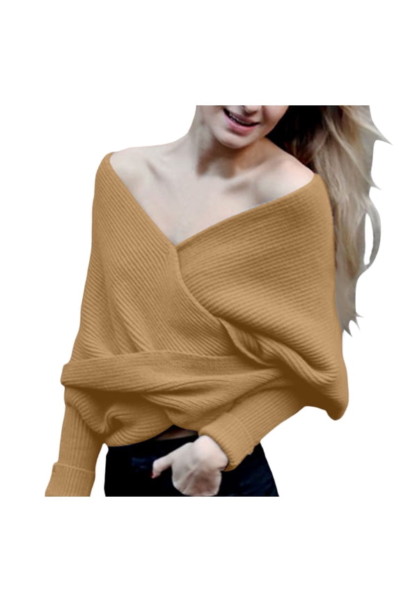Womens Knitted Pullover Sweater Scarf Solid V Line Neck Off The Shoulder long sleeve Knitted scarf trendy cozy home daily wear Sweater scarf
