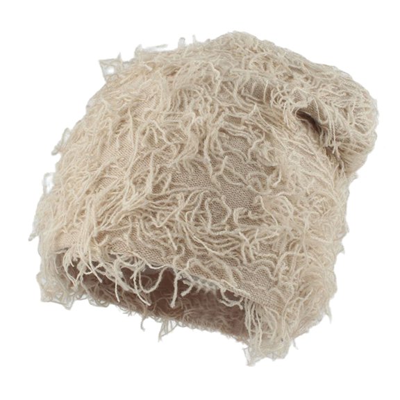 Bibifish Womens Light Khaki Fringed Knit Beanie Hat Soft Breathable Stretchy Hat Fall Casual Outings Bohemian Stylish Hats