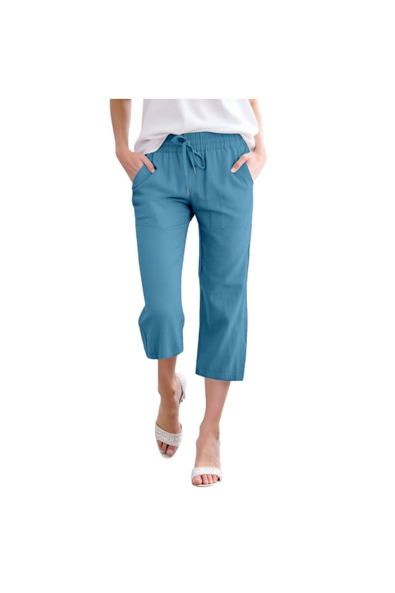 Womens Linen Capri Pants Elastic Waist Knee Length Drawstring Detail Pants Side Pockets Lightweight Summer Outdoor Breathable Linen Capris