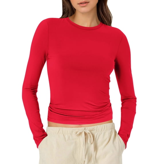 Bibifish Womens Long Sleeve T-Shirt Slim Fitted Crop Tee Lightweight Stretchy Crew Neck Going Out Top For Ladies