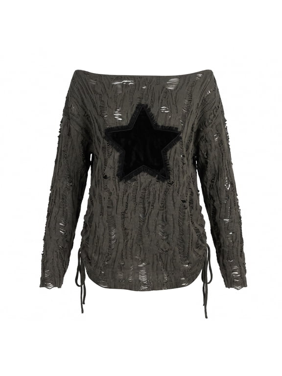 Womens Long Sleeve Tees Off Shoulder Distressed Ripped Star Patch Shirt Side Drawstring Loose Fit Streetwear