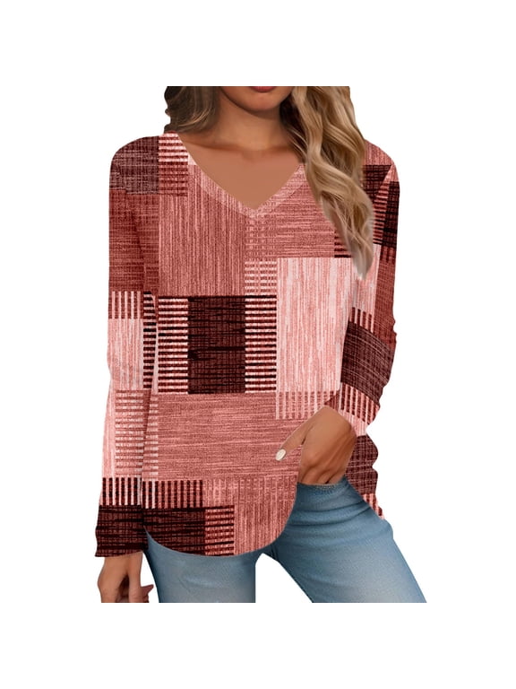 Womens Long Sleeve Tees V Neck Color Block Print Shirt Loose Breathable Pullover Dressy Tops