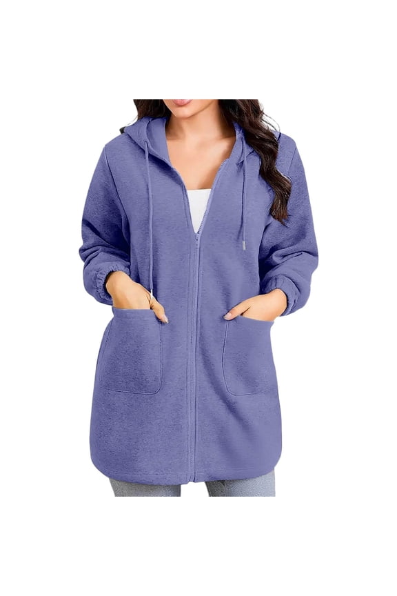 Womens Longline Full Zip Long Sleeve Hoodies With Side Pockets Relaxed Fit Classic Daily Commute Cold Weather Warm Casual Pullover Tops