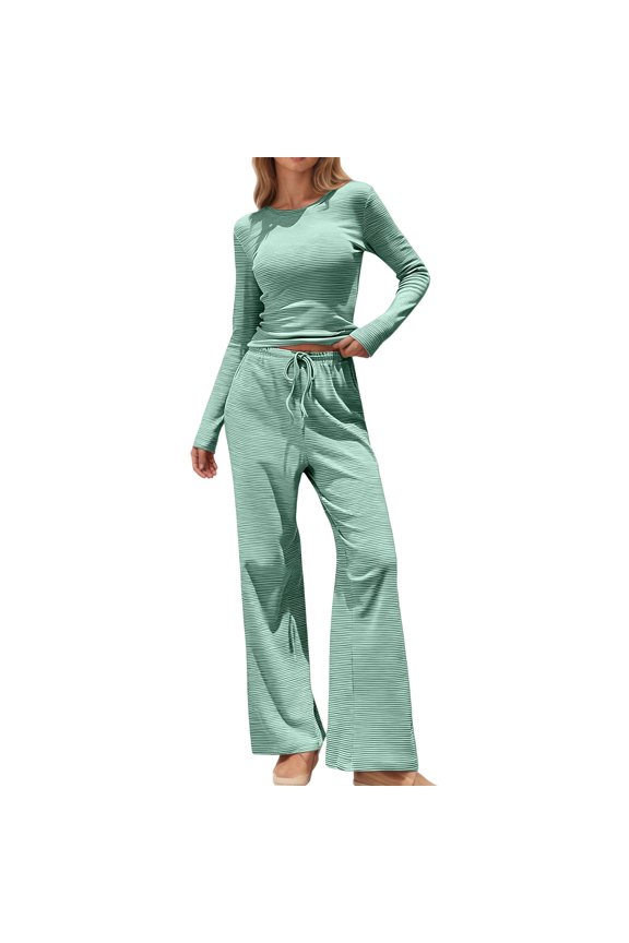 Womens Matching Sets Tops Flare Pants Long Sleeve Striped Ribbed Knit Elastic Waist with Pockets Home Loungewear clothing sets