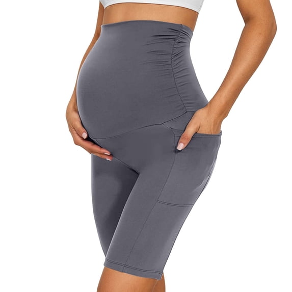 Bibifish Womens Maternity Leggings Knee Length High Waist Slim Fit Pants Elastic Waistband Pocket Detail Stretchy Casual Daily Wear Comfortable Maternity Pants