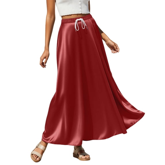 Bibifish Womens Maxi Skirts Solid Elastic Drawstring Waist Skirts Satin Flared Skirts Seaside Vacation Lightweight Loose Flowy Skirts