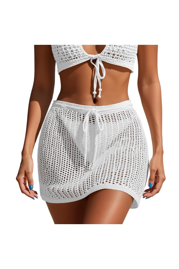 Womens Mini Skirts Solid Drawstring Waist Skirts Crochet Knit Mesh Skirts Casual Beach Vacation Soft Comfy Trendy Lightweight Skirts