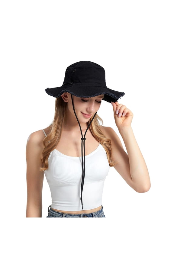 Womens Olive Green Frayed Bucket Hat Distressed Edge Adjustable Drawstring Hat Durable Canvas Lightweight Casual Outdoor Hiking Sunshade Cap