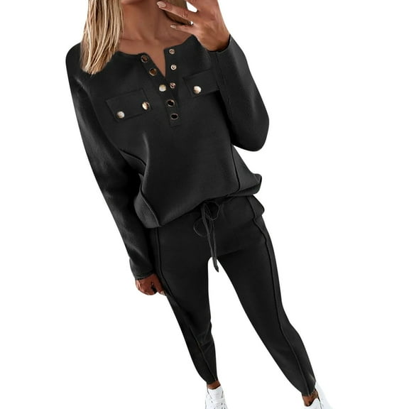 Bibifish Womens Outfit Set Solid Color V Neck Button Up Tshits With Drawstring Long Pants Two Piece Stylish Going Out Outfit Sets