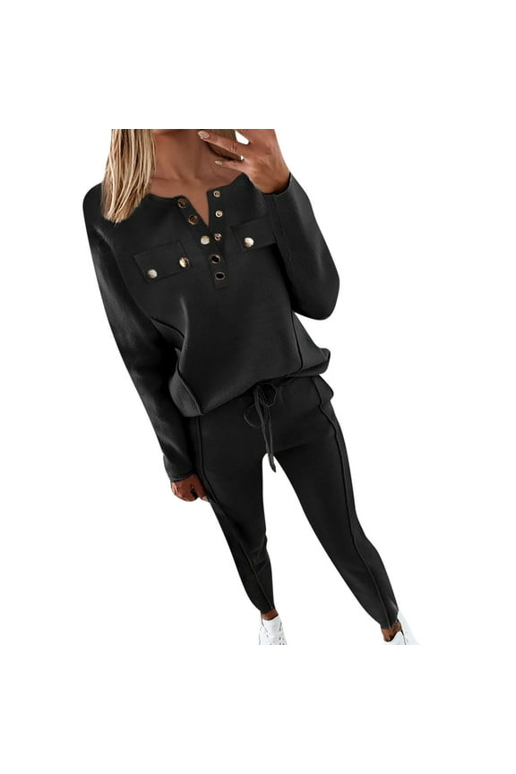 Womens Outfit Set Solid Color V Neck Button Up Tshits With Drawstring Long Pants Two Piece Stylish Going Out Outfit Sets