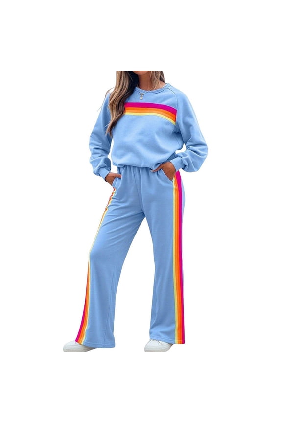 Womens Outfit Sets Rainbow Sweatshirts Set Winter Long Sleeve Tops And Pants Two Piece Casual Going Out Outfits