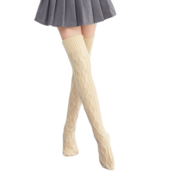 Bibifish Womens Over The Knee Socks Knitted Socks Solid Color Cable Knit Pattern Elastic Soft Comfy Daily Wear Winter Warm Thigh-High Socks