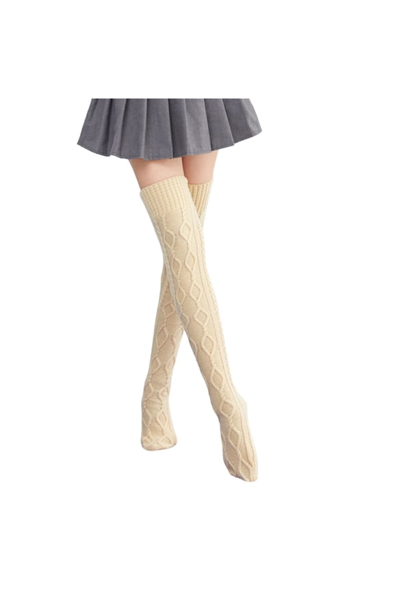 Womens Over The Knee Socks Knitted Socks Solid Color Cable Knit Pattern Elastic Soft Comfy Daily Wear Winter Warm Thigh-High Socks