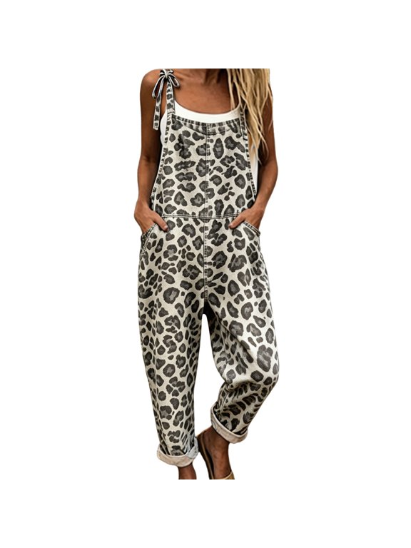 Womens Overalls Leopard Print Baggy Bib Overalls Adjustable Straps Suspender Pants With Pockets L Grey