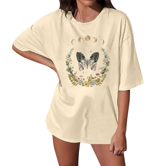 Bibifish Womens Oversized T-Shirt Boho Chic Airy Butterfly Moon Phase & Wreath Print Tee Soft Breathable Casual Daily & Outdoor T-Shirt