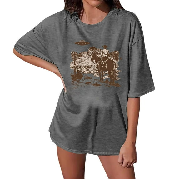 Bibifish Womens Oversized T-Shirt Vintage Style Comfy Wear Retro Cowboy & UFO Print Detail Tee Lightweight Soft Casual Daily & Leisure T-Shirt