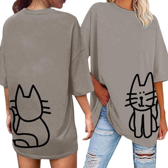 Bibifish Womens Oversized T-Shirts Crew Neck Short Sleeve Cute Cat Print Graphic Tshirt Casual Outings Holiday Weekend Daily Wear Tees