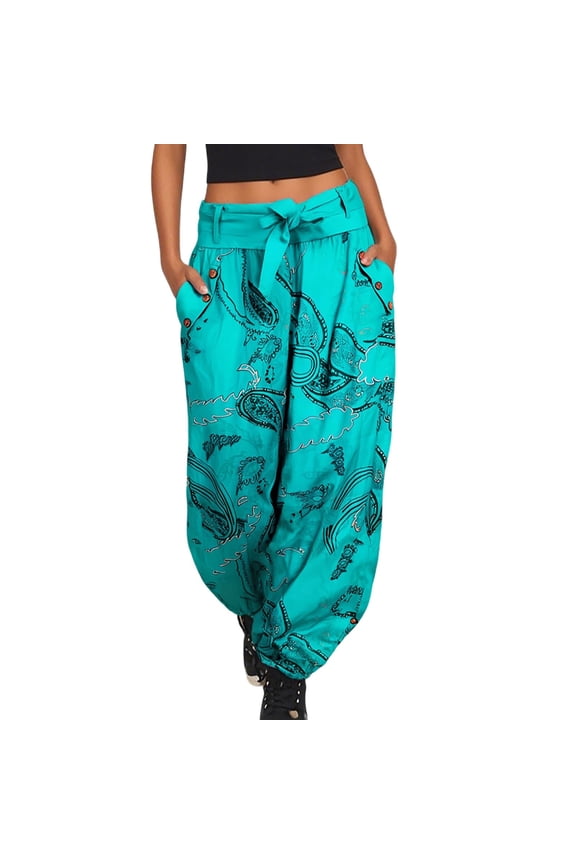 Womens Paisley Print Jogger Pants Paisley Pattern Elastic Waist Ankle Length Jogger Side Button Detail Bohemian-Chic Travel Trips Daily Joggers