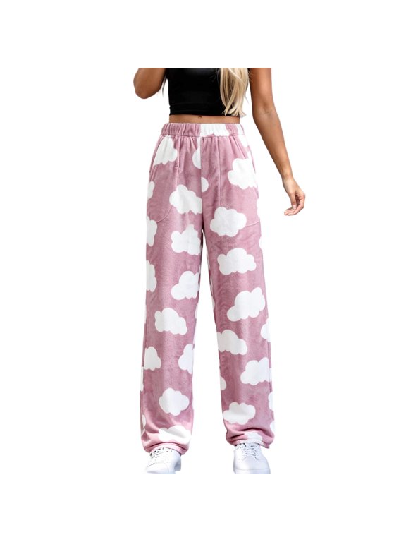 Womens Pajama Pants Fleece Plush Pink Cloud Print Loose Fit Cozy Night Sleep Pants With Pockets