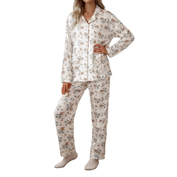 Bibifish Womens Pajama Set Fall Floral Printed Button Up Long Sleeve Top Long Pants 2 Piece Outfit Soft Daily Nightwear