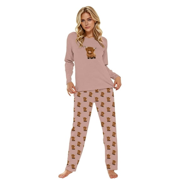 Bibifish Womens Pajama Set Highland Cow Themed Print Long Sleeve Button Down Shirts And Straight Leg Pants 2PCS Soft Loungewear