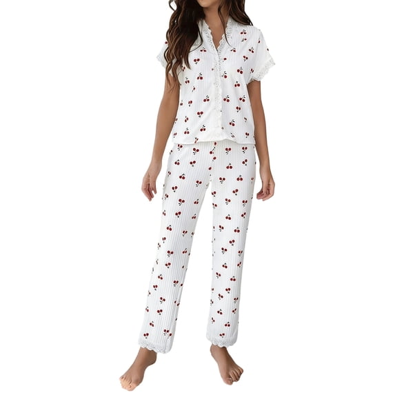 Bibifish Womens Pajama Set Printed Short Sleeve Ruffled V Collar Sleep Tops And Long Pants Two Piece Summer Casual Home Loungewear Outfit