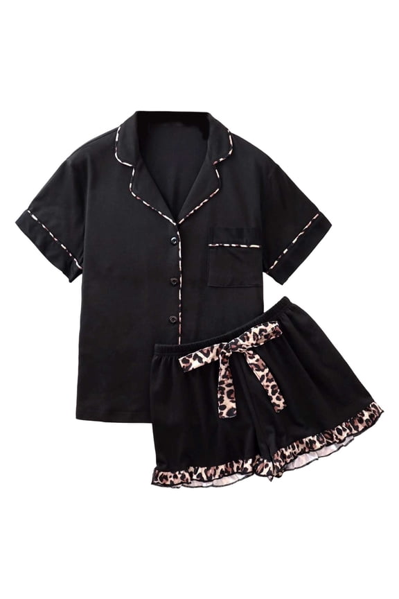 Womens Pajama Sets 2 Piece Leopard Print Short Sleeve Nightwear Set Bow Design Button Down Pj Top With Short Retro Style Cute Pj Sets