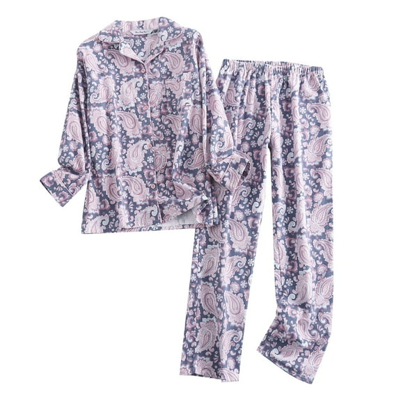Bibifish Womens Pajama Sets Autumn Long Sleeve Botton Down Graphic Printed Sleepwear Sets Casual Laple Tops With Wide Leg Pants Sleepwear Sets