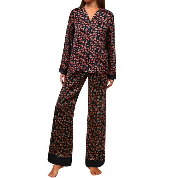 Bibifish Womens Pajama Sets Autumn Long Sleeve Silk Satin Sleepwear Lapel Neck Bottom Pj Tops And Wide Leg Pants Trendy Floral Printed Pj Sets