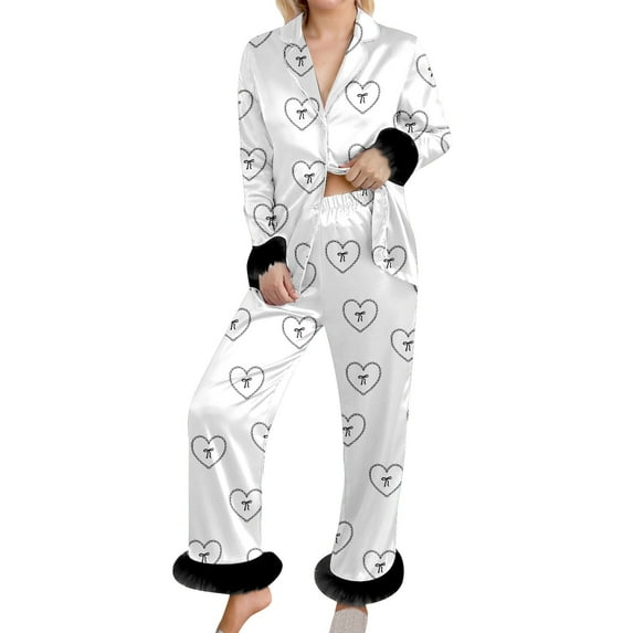 Bibifish Womens Pajama Sets Base Heart & Bow Printed Long Sleeve Sleepwear Sets Button Down Pj Top With Elastic Waist Pants Elegant Cute 2 Piece Pj Sets