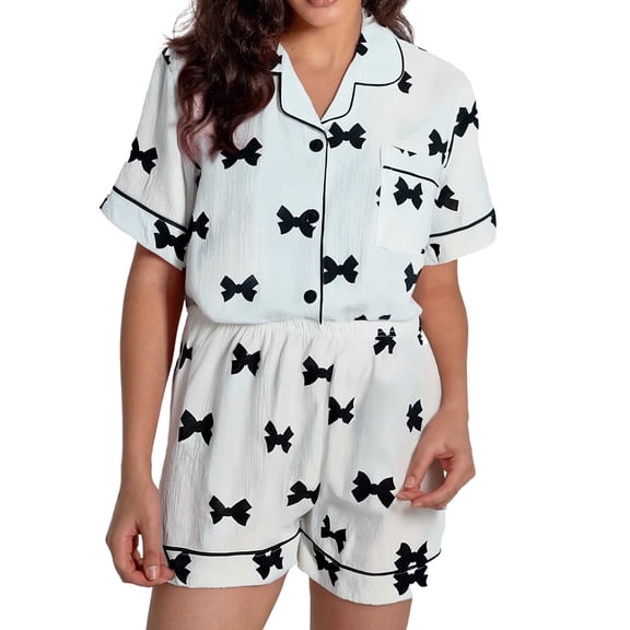 Bibifish Womens Pajama Sets Black Bow Printed Short Sleeve Nightwear Sets Crinkled Fabric Top With Shorts Delicate Stylish Pj Sets