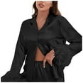 thumbnail image 1 of Bibifish Womens Pajama Sets Black Satin Long Sleeve Lougewear Sets Loose Fit Fluffy Trim Pj Shirts With Pants Chic Stylish Nightwear Sets, 1 of 3