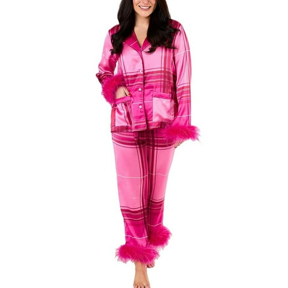 Bibifish Womens Pajama Sets Christmas Pajama Sets Satin Long Sleeve Notch Shirts And Pants 2 Piece Plaid Sleepwear Sets With Fuzzy Hem
