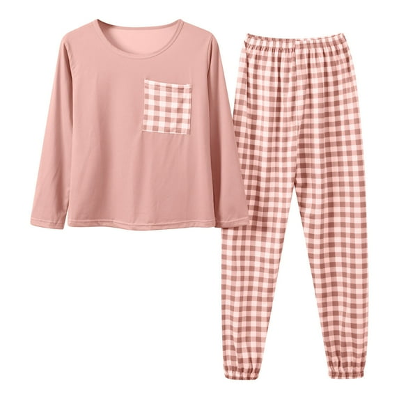 Bibifish Womens Pajama Sets Cozy Long Sleeve Plaid Loungewear Sets Crew Neck Tops And Pants Comfy Home Wear Sleepwear For Ladies
