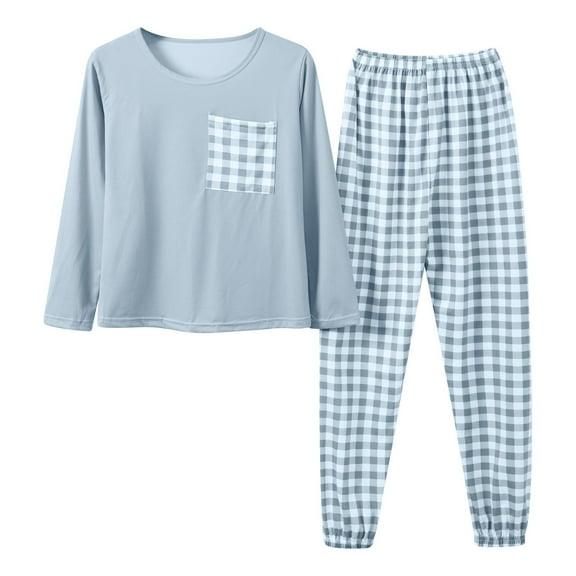 Bibifish Womens Pajama Sets Cozy Long Sleeve Plaid Loungewear Sets Crew Neck Tops And Pants Comfy Home Wear Sleepwear For Ladies