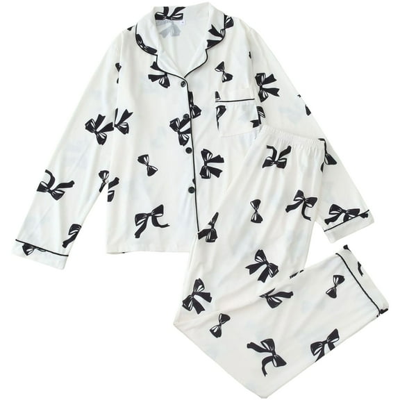 Bibifish Womens Pajama Sets Cute Bow Printed Long Sleeve Sleepwear Sets Black Trim Button Down Pj Top With Pants Elegant Nightwear Sets