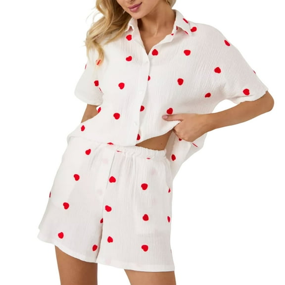 Bibifish Womens Pajama Sets Cute Heart Print Summer Lapel Neck Short Sleeve Shirts And Shorts 2 Piece Oversized Home Wear Pj Sets For Ladies