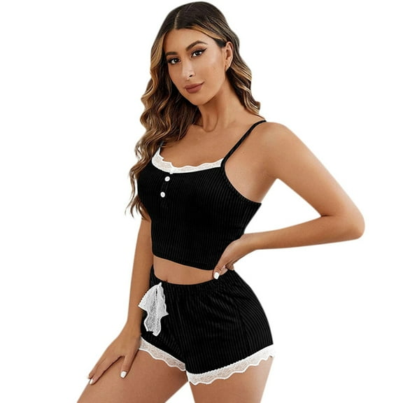 Bibifish Womens Pajama Sets Elegant Lace Sleeveless Strap Pajama Sets Cropped Cami Tops And Drewstring Shorts Breathable Home Wear Tank Tops For Ladies
