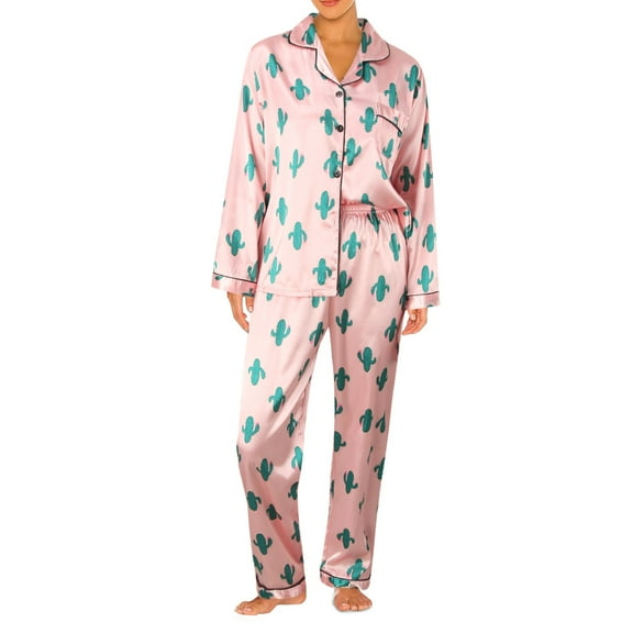 Bibifish Womens Pajama Sets Elegant Satin Sleepwear Sets Retro Graphic Printed Long Sleeve Tops Wide Leg Pants 2 Pieces Pj Sets