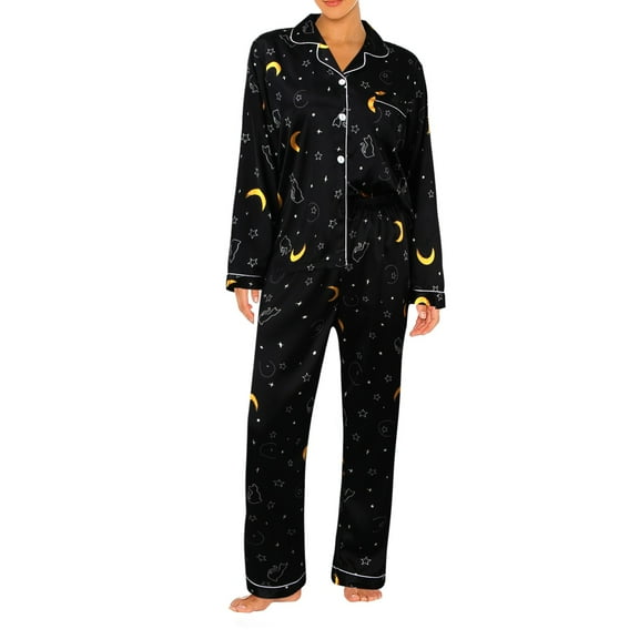 Bibifish Womens Pajama Sets Elegant Two Pieces Satin Sleepwear Sets Retro Graphic Printed Long Sleeve Tops And Long Length Pants