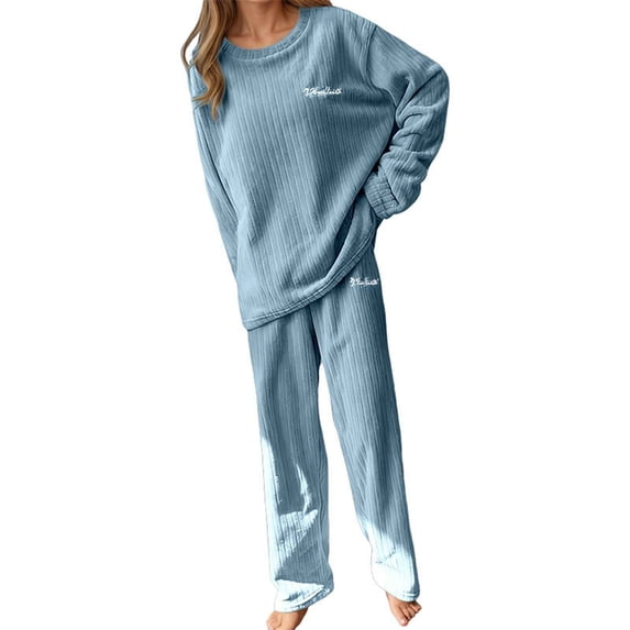 Bibifish Womens Pajama Sets Light Blue Ribbed Long Sleeve Sleepwear Sets Embroidered Top With Pants 2 Piece Comfortable Cozy Nightwear Sets
